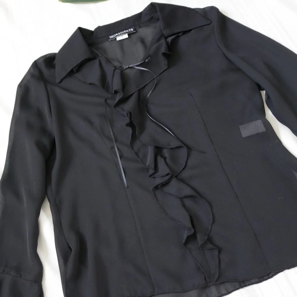 Black sheer mesh ruffle bell sleeve blouse - Picture 6 of 8